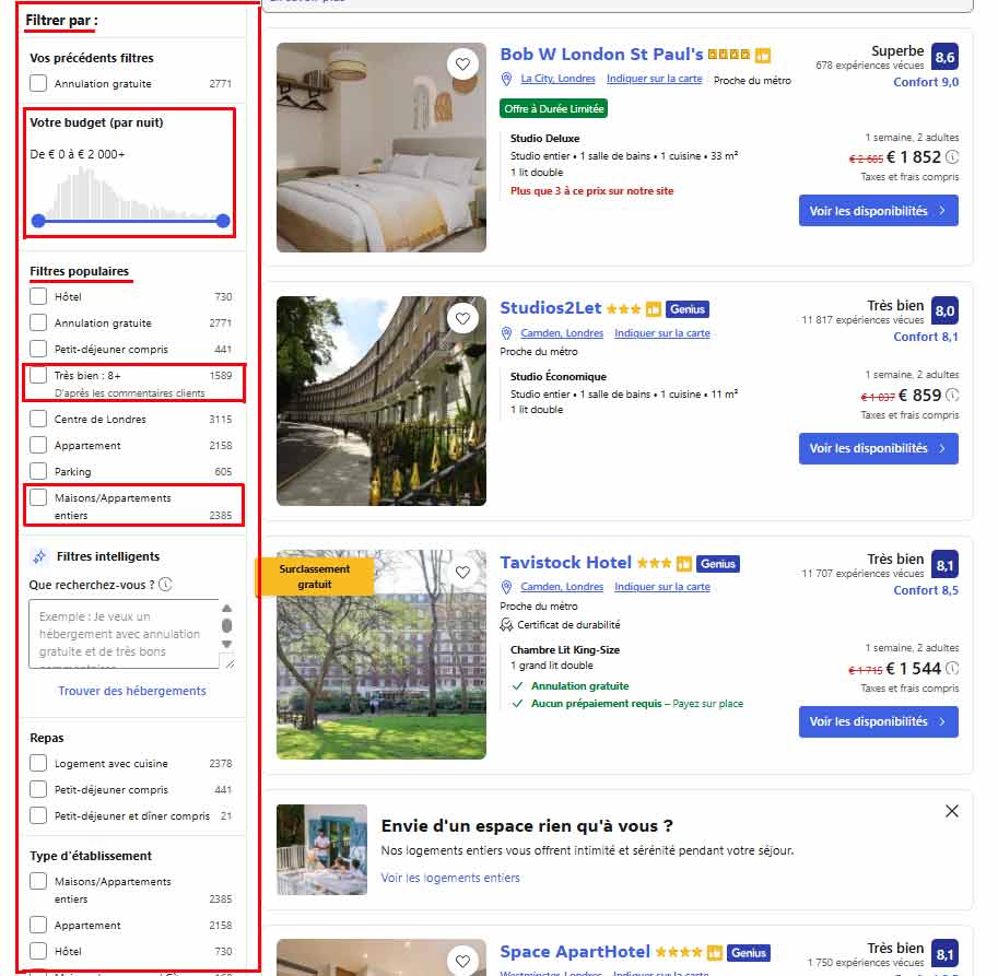 Page de résultats Booking avec filtres de recherche à gauche (budget, notes, appartements) et liste d’hébergements disponibles à Londres