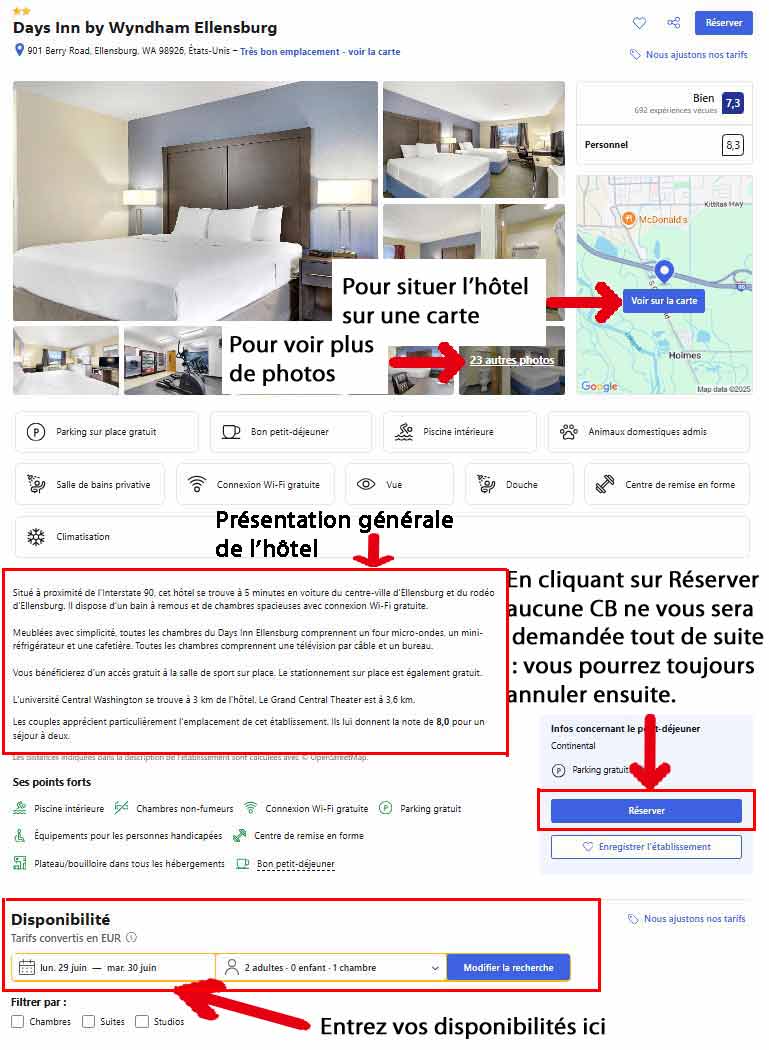 Fiche d’hôtel sur Booking présentant les photos, la carte, la description de l’établissement, les équipements disponibles et le bouton de réservation