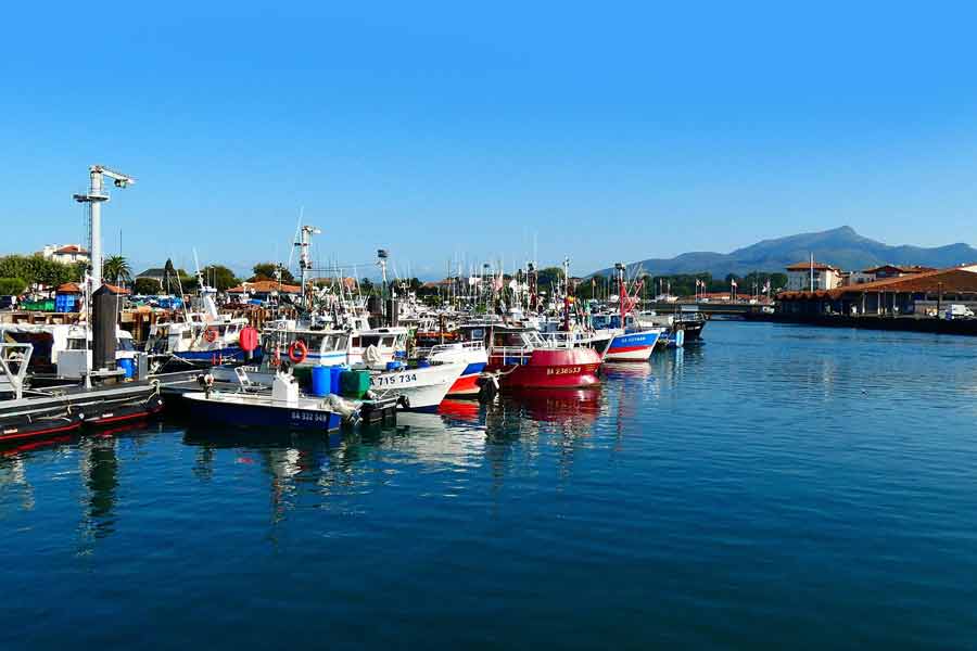 Port de pêche au Pays basque avec bateaux traditionnels amarrés, reflet de la culture maritime et des produits de la mer locaux