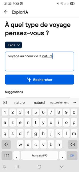 Interface ExplorIA de Skyscanner permettant de rechercher une destination à partir d’une envie de voyage