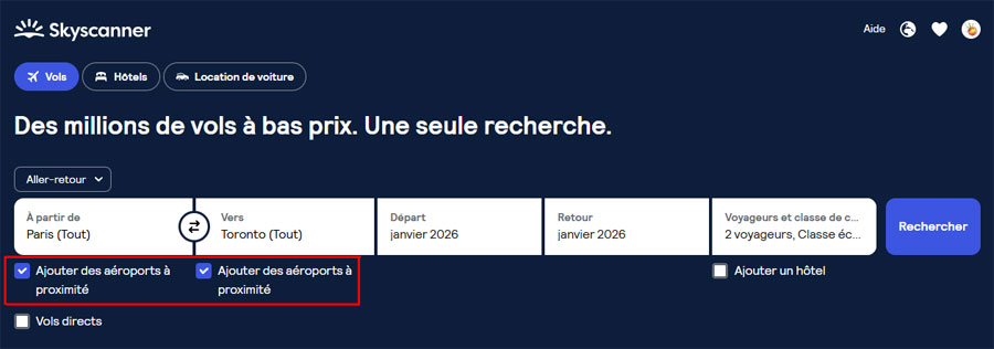 Option "ajouter des aéroports à proximité" activée sur Skyscanner pour élargir la recherche de vols et comparer plus d’itinéraires