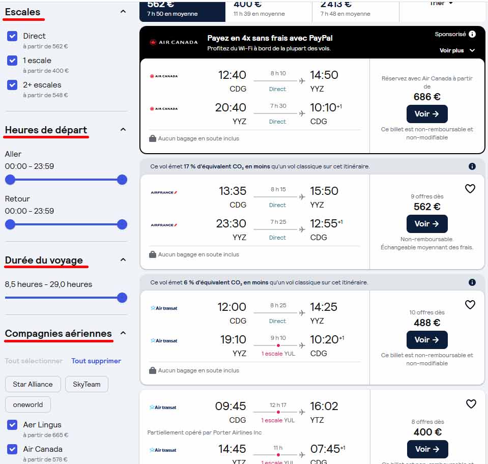 Résultats de recherche de vols sur Skyscanner avec filtres par escales, horaires, durée de voyage et compagnies aériennes