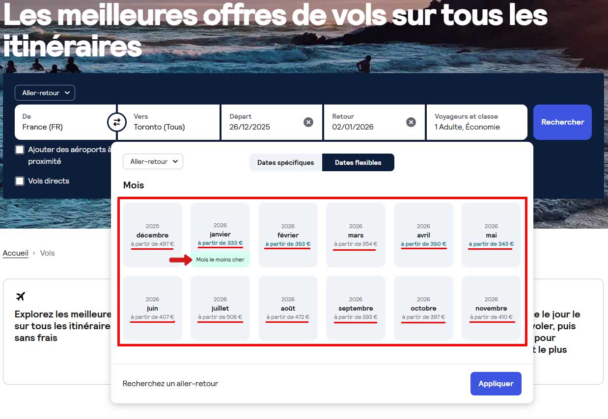 Recherche de vols sur Skyscanner avec l’option "mois entier" pour comparer les prix les moins chers selon les périodes