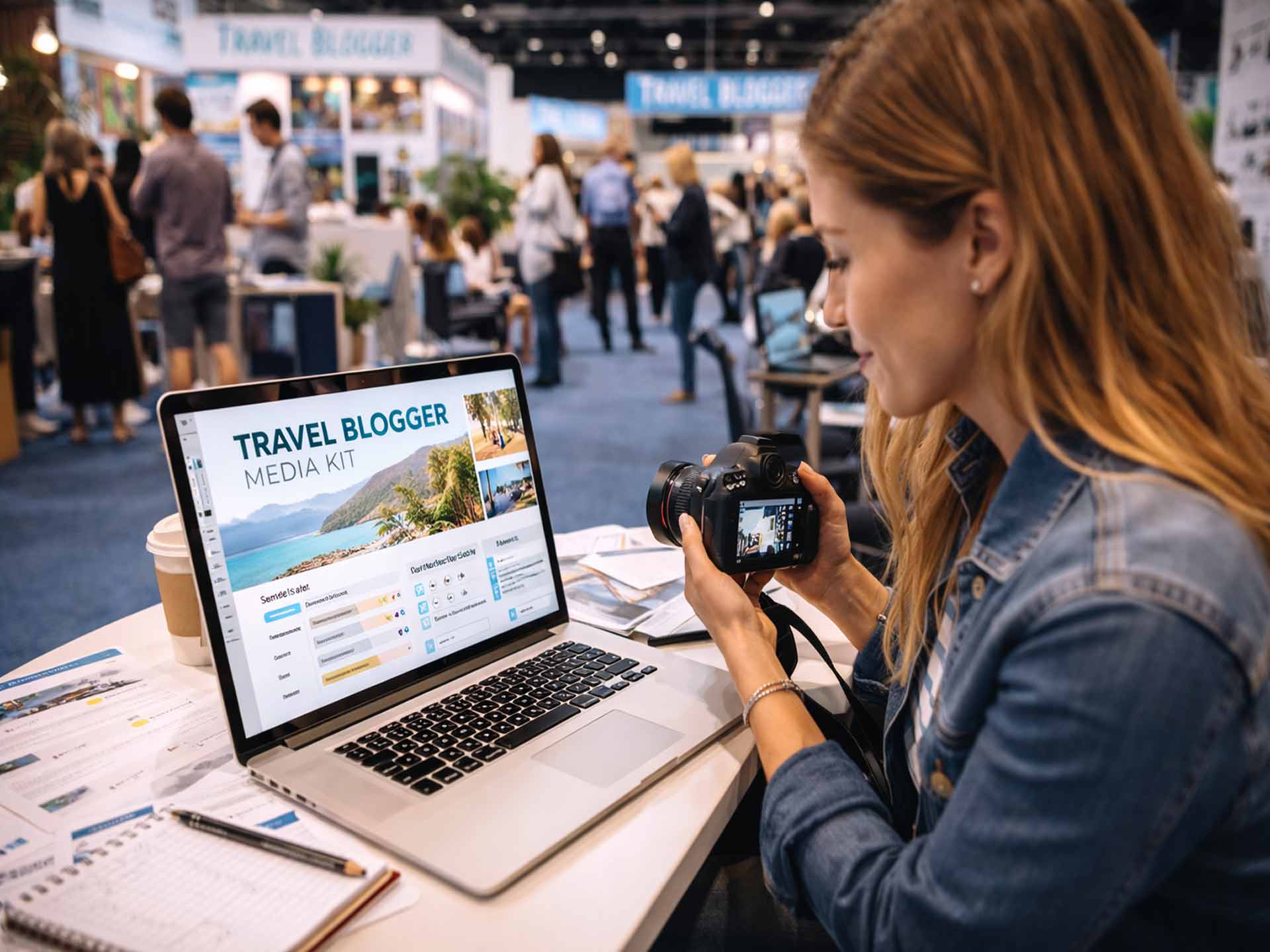 Créatrice de contenu préparant son media kit travel blogger sur ordinateur lors d’un salon blogueur voyage avec appareil photo professionnel