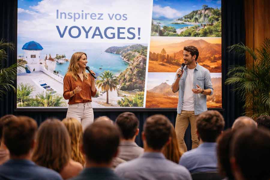 Conférence lors d’un salon de voyage de blogueurs avec présentation sur l’inspiration voyage et networking professionnel devant une audience de créateurs