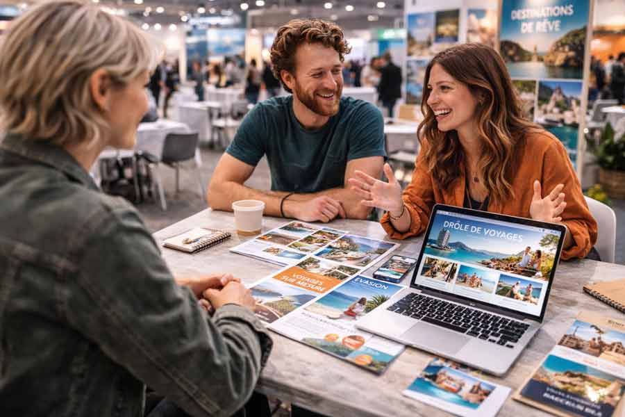 Présentation de blog voyage et kit média lors d’un salon de voyages avec échange stratégique autour d’un partenariat destination