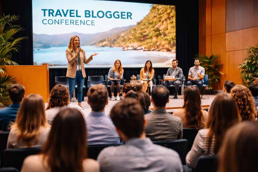 Conférence avec table ronde de créateurs lors d’un salon voyage devant un public de blogueurs professionnels