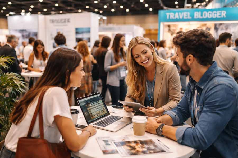 Session de networking lors d’un salon voyage avec échange entre créateurs de contenu et professionnels du tourisme autour d’un stand Travel Blogger