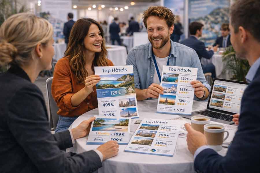 Rendez-vous professionnel lors d’un salon pour blogueur voyage avec présentation d’offres hôtelières et négociation de partenariats tourisme
