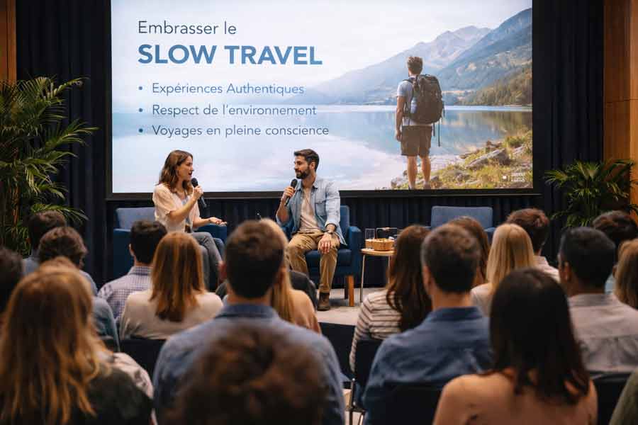Table ronde sur le slow travel lors d’un salon destiné aux blogueurs de voyage avec échange entre créateurs et professionnels du tourisme durable