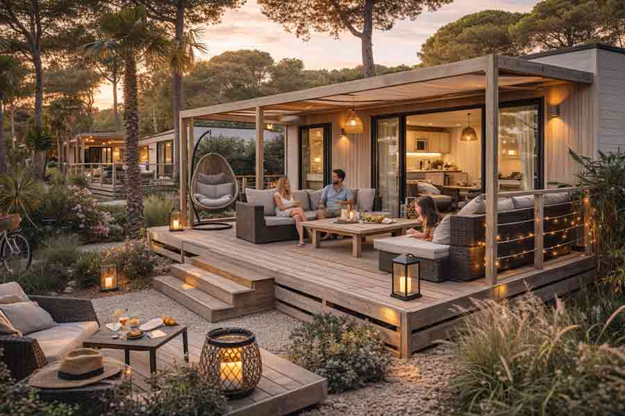 Mobil-home Ultimate avec terrasse XXL et salon extérieur, hébergement haut de gamme en camping Tohapi