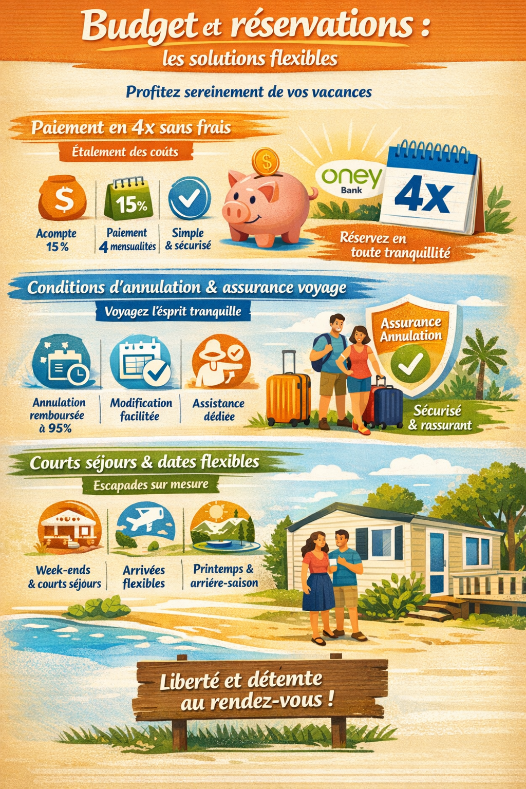 Infographie camping Tohapi sur le paiement en 4 fois, assurance annulation et courts séjours flexibles