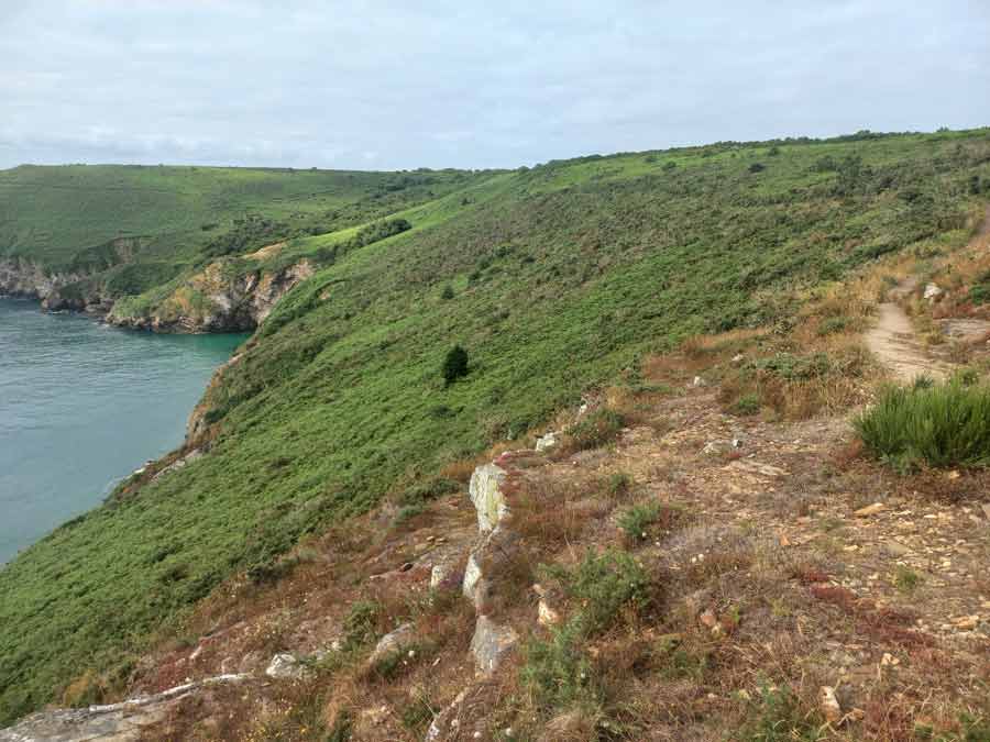 Sentier de randonnée sur les hauteurs du cap de la chèvre avec vue sur la côte et la lande bretonne