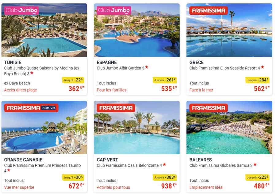 Capture d’écran de plusieurs offres Fram voyage tout compris avec clubs Jumbo et Framissima en Tunisie, Espagne, Grèce, Canaries, Cap Vert et Baléares