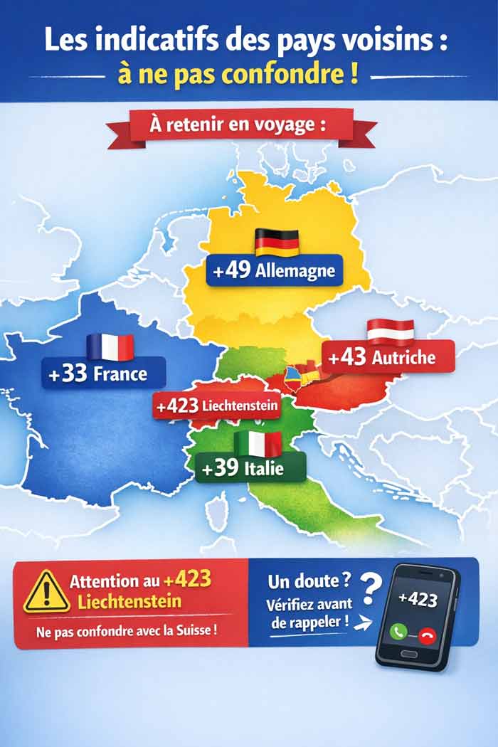 carte des indicatifs téléphoniques des pays voisins de la Suisse avec codes (+49 pour l'Allemagne, +43 pour l'Autriche, +39 pour l'Italie, +33 pour la France)