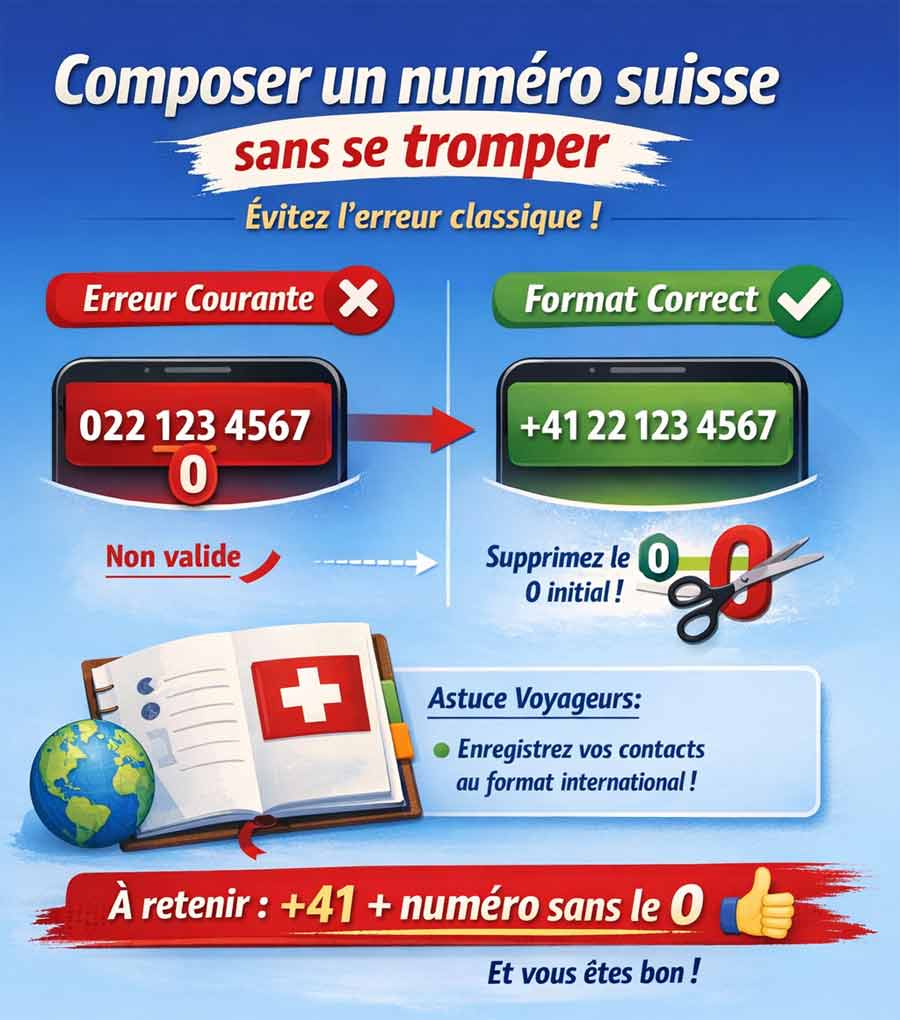 comment composer un numéro suisse avec indicatif +41 en supprimant le zéro initial (exemple d'appel en Suisse)