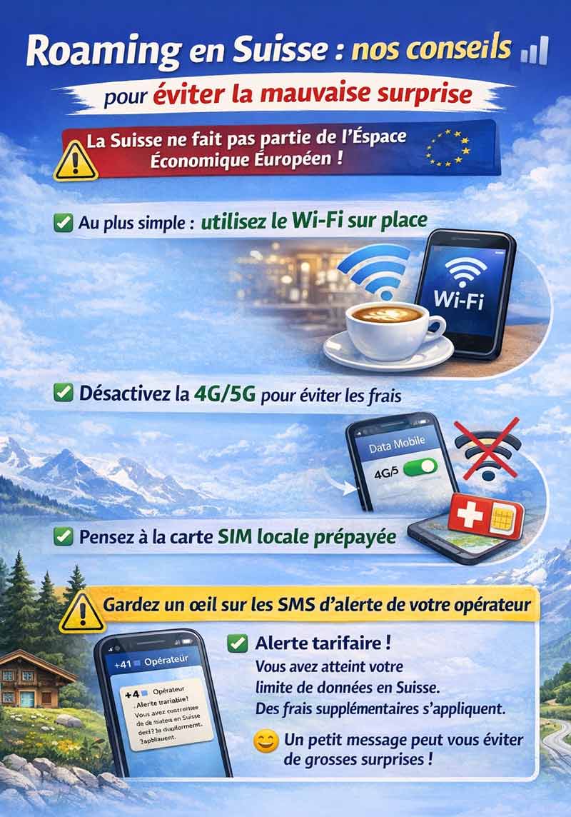 infographie sur le roaming en Suisse avec conseils pour éviter les frais (utiliser le wifi, désactiver la 4G/5G, acheter une carte SIM locale)