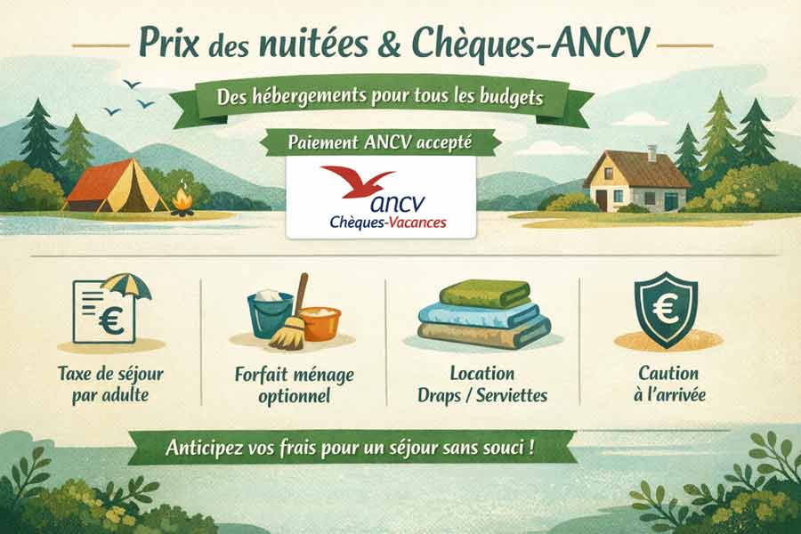 Infographie “Prix des nuitées & Chèques-ANCV” détaillant tarifs, paiement ANCV accepté et frais annexes à anticiper pour un séjour en Corrèze