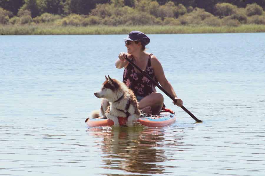 Femme pratiquant le paddle avec son chien sur le lac de Sèchemailles en Corrèze, activité nautique nature et détente