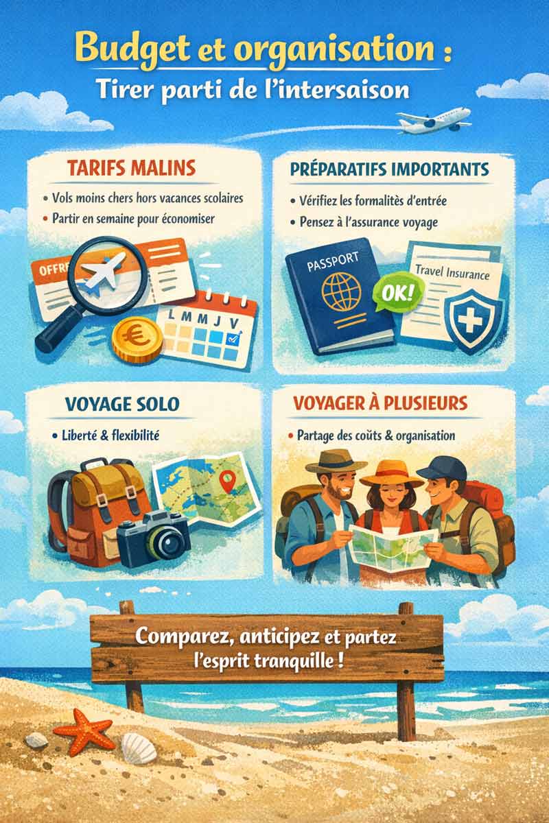 Infographie budget et organisation d'un voyage en avril : conseils intersaison, vols moins chers, assurance et préparation voyage