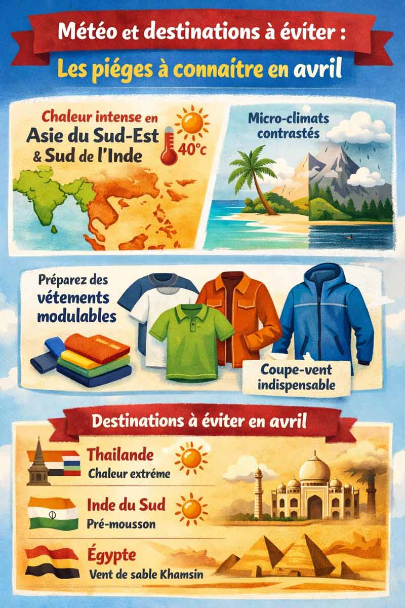 Infographie sur la météo en avril avec les destinations à éviter (chaleur Asie du Sud Est, Inde et Égypte, conseils voyage avec les vêtements adaptés)