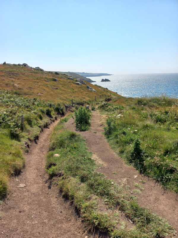 Sentier côtier du GR34 serpentant dans la lande avec vue sur la baie de Douarnenez