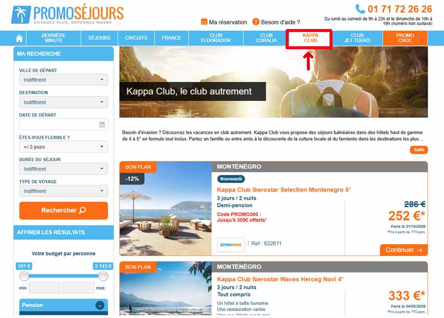 Page du site Promosejours présentant les offres Kappa Club et les séjours tout compris disponibles
