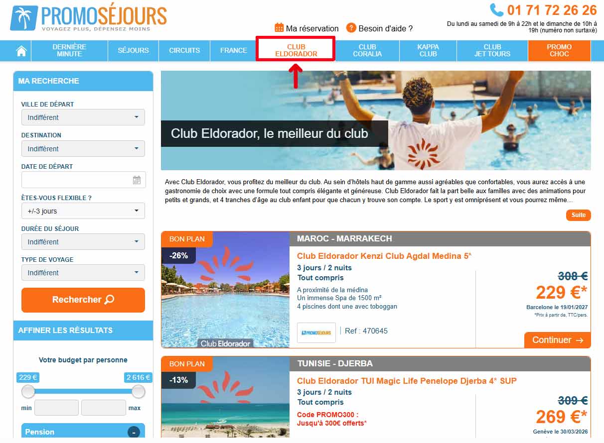 Page Promosejours présentant les offres Club Eldorador avec séjours tout compris et promotions de voyages