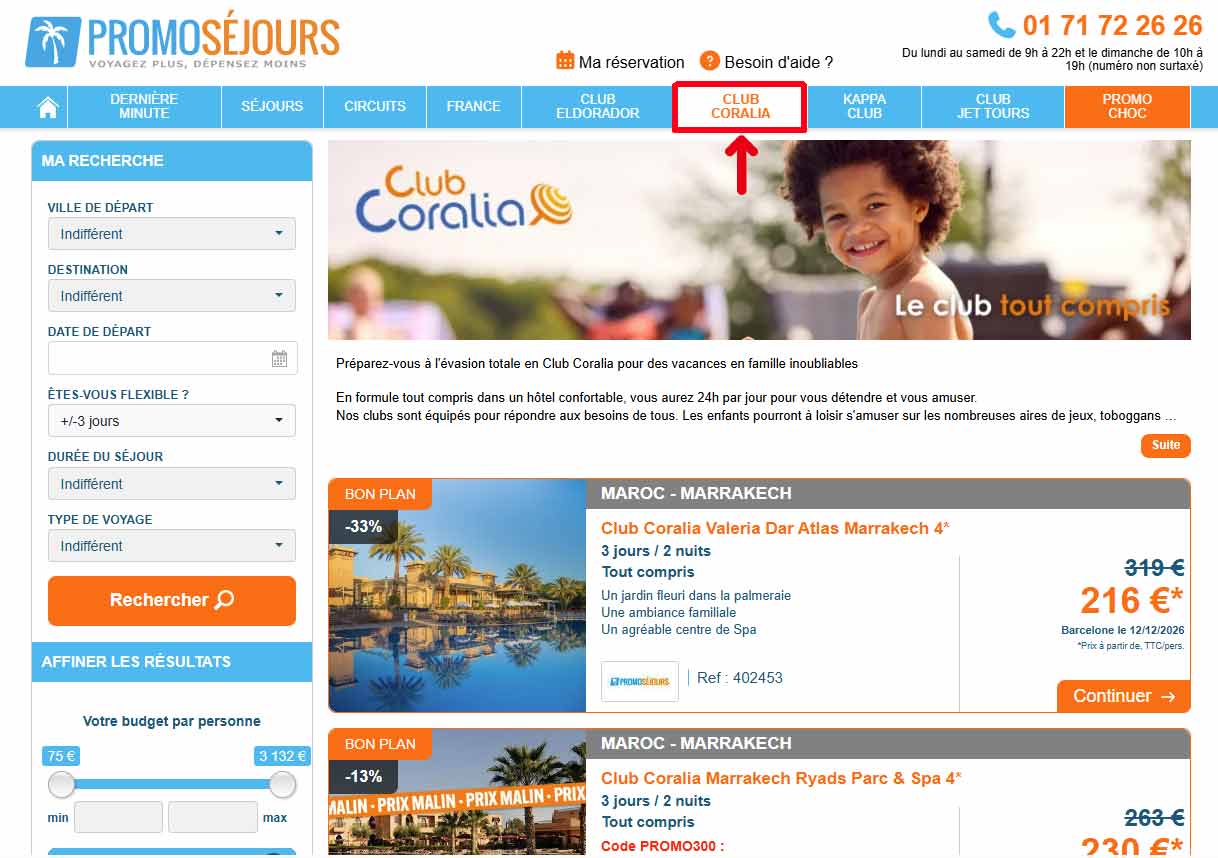 Page Promosejours présentant les offres Club Coralia avec séjours tout compris et promotions de voyages