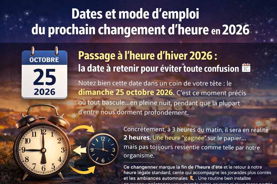 Passage à l’heure d’hiver 2026 le dimanche 25 octobre, illustration avec horloges montrant le changement d’heure en France