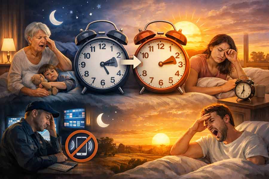 Effets du changement d’heure sur le sommeil avec horloges jour et nuit, fatigue et troubles du rythme biologique