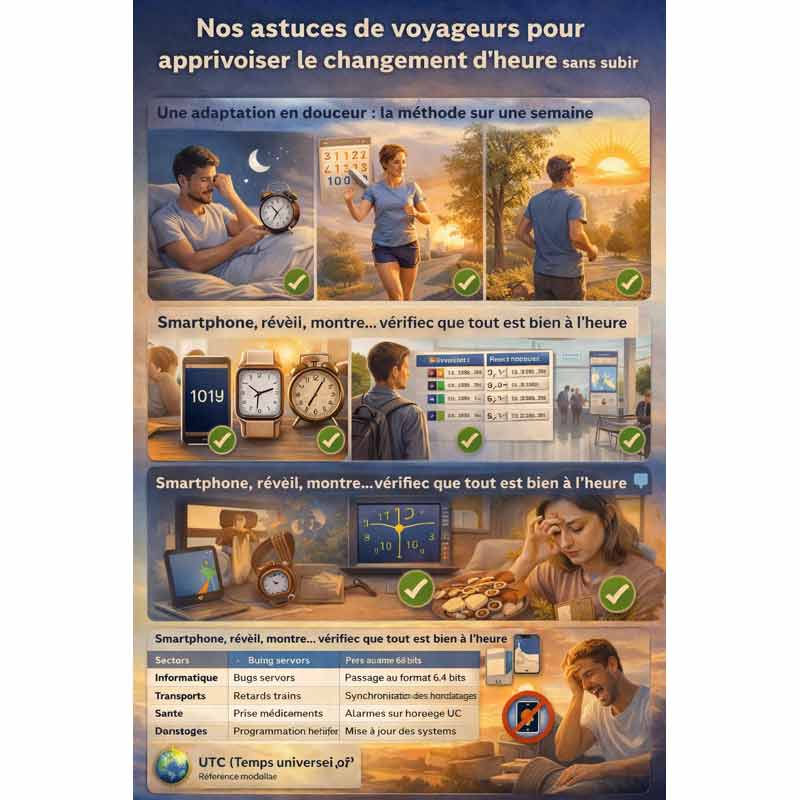 Conseils pour s’adapter au changement d’heure avec routine progressive, vérification des appareils et gestion du sommeil