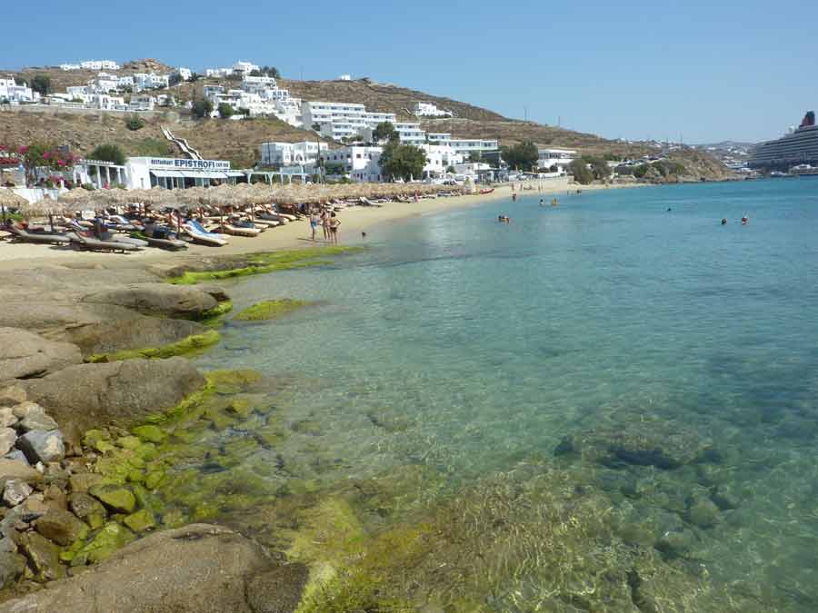 La plage d'Agios Stefanos à Mykonos avec ses eaux transparentes et turquoise, bordée de transats et de maisons blanches cycladiques sur la colline