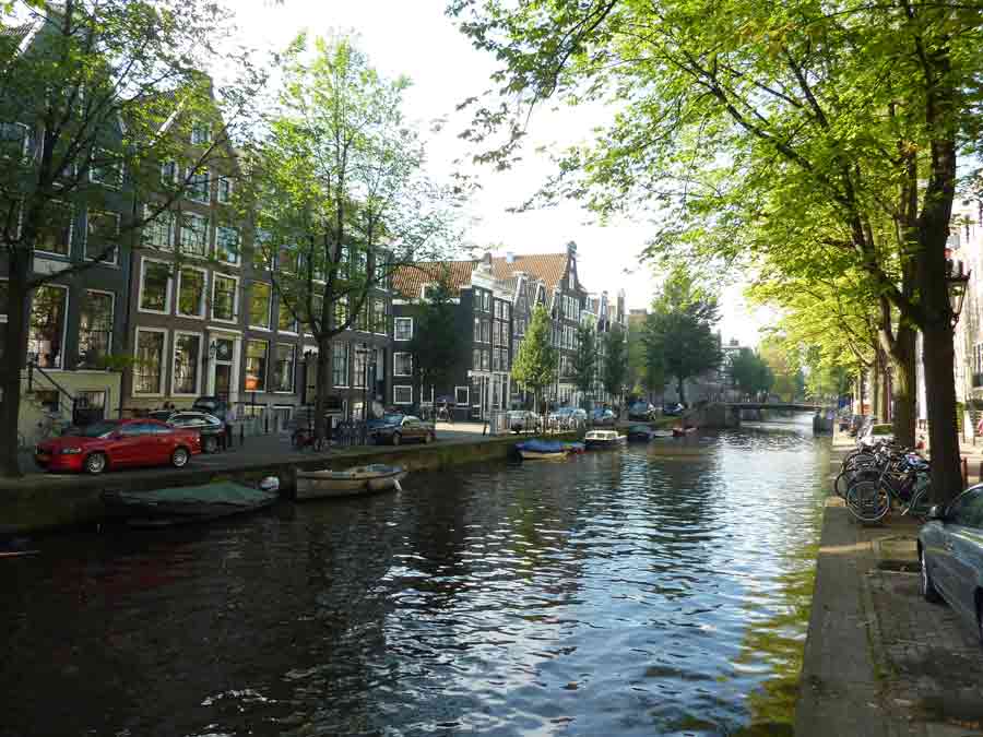 Canal paisible à voir à Amsterdam bordé d’arbres et de maisons anciennes avec vélos en bord de quai