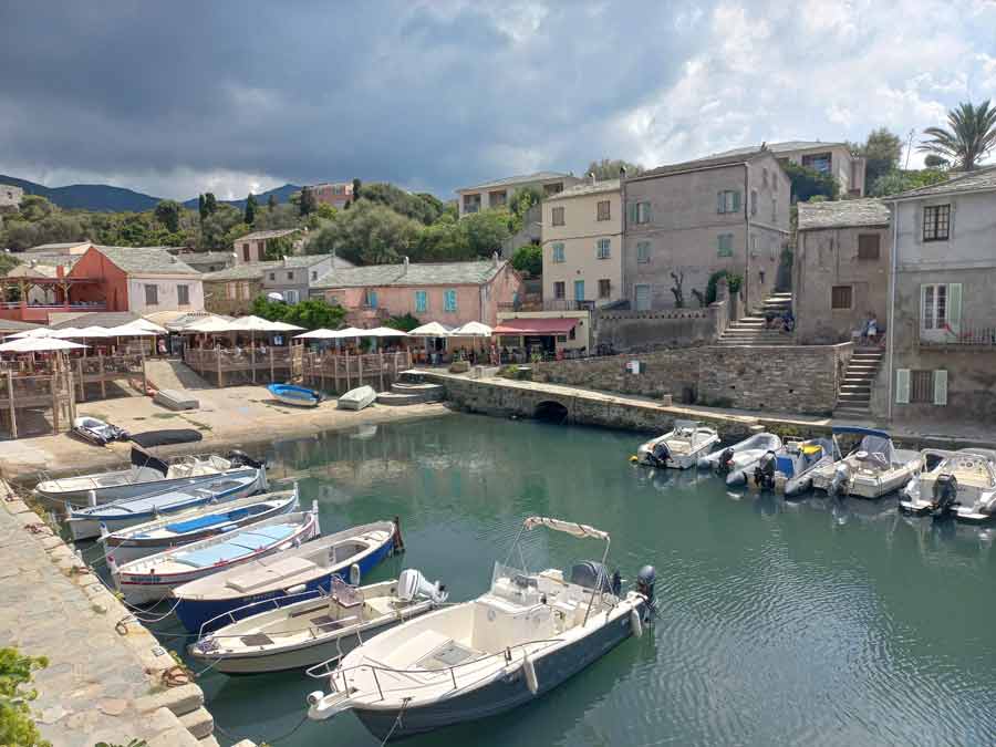 Vue plongeante sur le port de Centuri, ses barques colorées et les terrasses de restaurants au bord de l'eau, Cap Corse