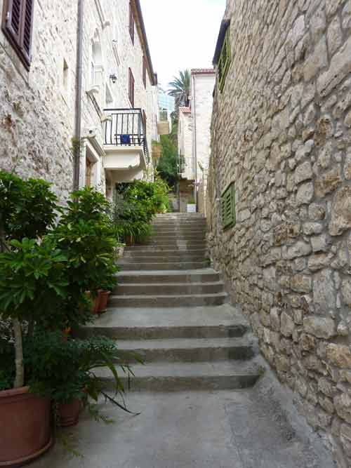 Escaliers en pierre bordés de végétation dans les ruelles médiévales de Hvar menant vers la forteresse Fortica
