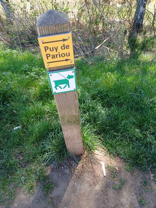 Poteau de balisage indiquant la direction du puy Pariou avec pictogramme chien en laisse obligatoire, sentier de randonnée de la Chaîne des Puys en Auvergne