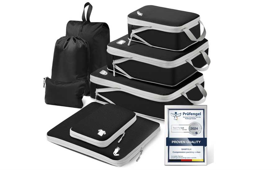 Lot de cubes de compression Samfolk en tissu Oxford noir avec bordures grises, en différentes tailles, accompagné d'un sac à cordon et d'un label qualité Prüfengel 2024