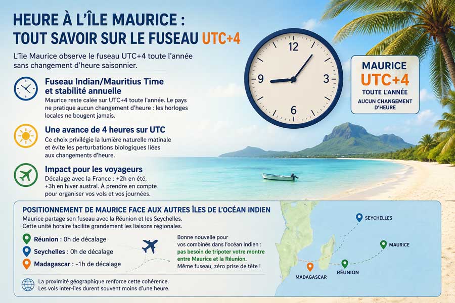 Infographie expliquant le fuseau horaire UTC+4 de l'île Maurice, avec horloge, carte de l'océan Indien et comparatif des décalages horaires avec la Réunion, les Seychelles et Madagascar