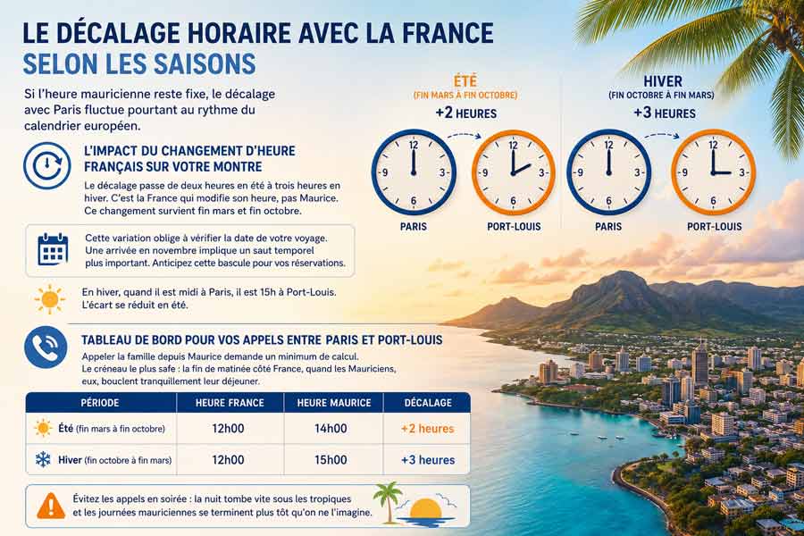 Infographie comparant le décalage horaire entre la France et l'île Maurice selon les saisons, avec horloges illustrant les écarts de +2 heures en été et +3 heures en hiver entre Paris et Port-Louis