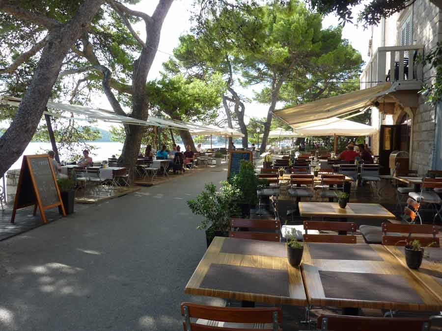 Terrasse ombragée du bar Massimo à Korčula, sous les pins, avec ses tables en bois au bord de l'eau