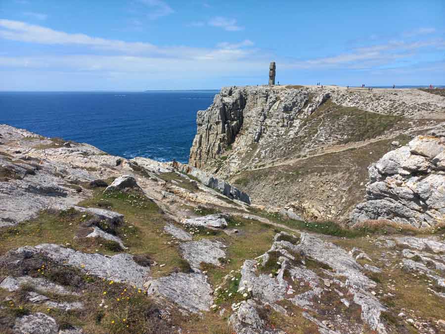 Vue d'ensemble de la pointe de Pen Hir avec la Croix de Lorraine du Monument aux Bretons dressée au sommet des falaises face à l'Atlantique, lande fleurie au premier plan