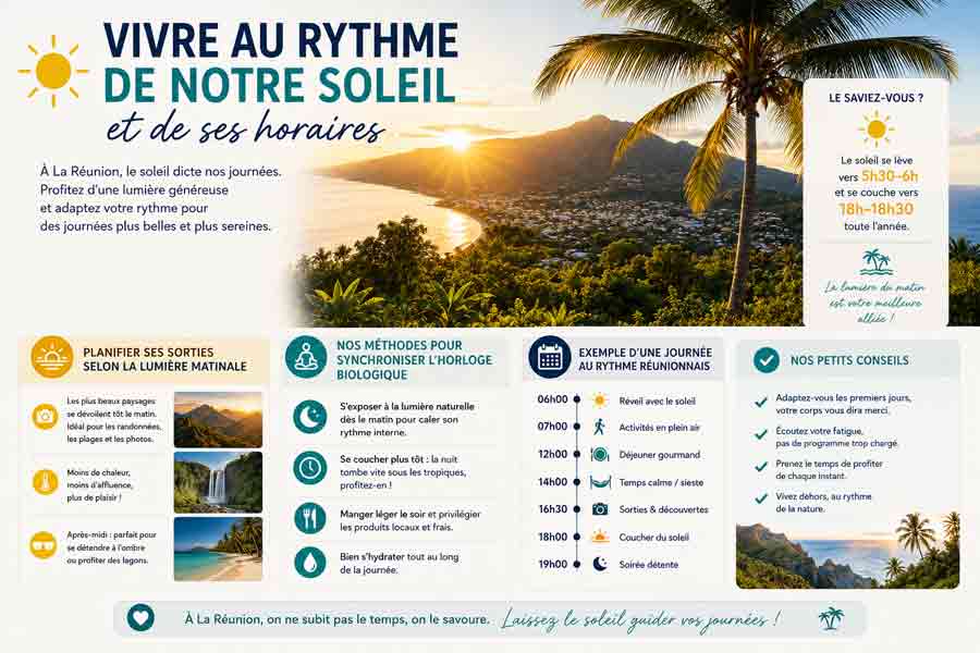 Infographie sur le rythme de vie réunionnais rythmé par le soleil et le décalage horaire réunion, avec exemple de journée type, conseils de synchronisation biologique et mosaïque de paysages (randonnées, cascade, lagon), sur fond de coucher de soleil tropical entre palmiers et montagnes
