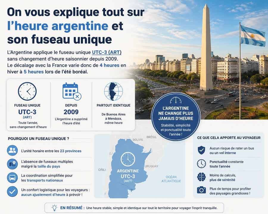 Infographie sur l'heure en argentine et son fuseau horaire unique UTC-3, avec l'obélisque de Buenos Aires et une carte du pays