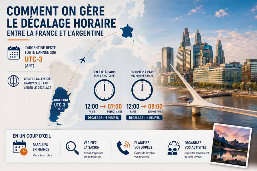 Infographie sur le calcul entre l'heure en Argentine et l'heure en France selon les saisons, avec vue de Puerto Madero à Buenos Aires et carte des trajets aériens