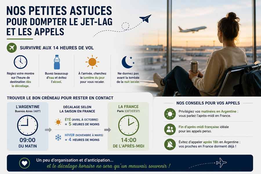 Infographie de conseils pour gérer le jet-lag et trouver les meilleurs créneaux d'appel entre l'Argentine et la France, avec voyageuse en attente à l'aéroport
