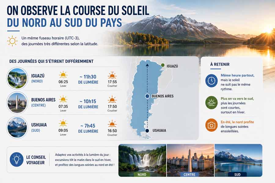 Infographie comparant les durées d'ensoleillement selon la latitude en Argentine, des chutes d'Iguazú à Ushuaia, avec carte et photos des trois régions
