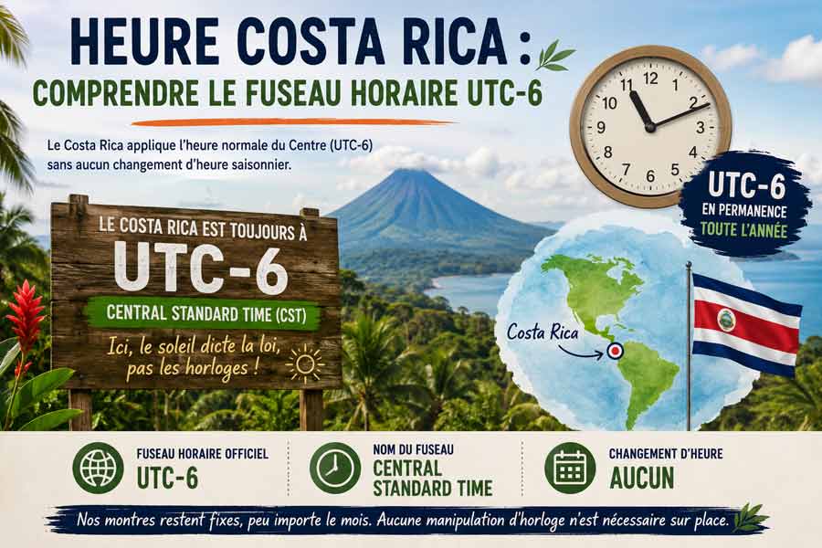Infographie récapitulative sur l'heure Costa Rica et son fuseau horaire UTC-6 avec volcan Arenal, horloge, panneau en bois et drapeau costaricien