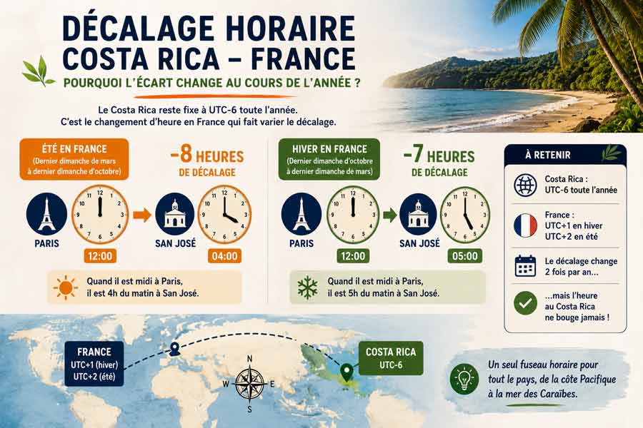 Infographie comparant l'heure au Costa Rica et en France en été (-8h) et en hiver (-7h), avec carte du trajet France-Costa Rica