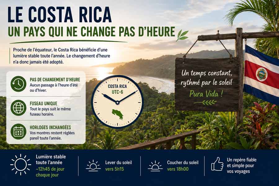 Infographie sur la stabilité horaire au Costa Rica avec plage tropicale au coucher de soleil, horloge UTC-6 et pancarte "Pura Vida"